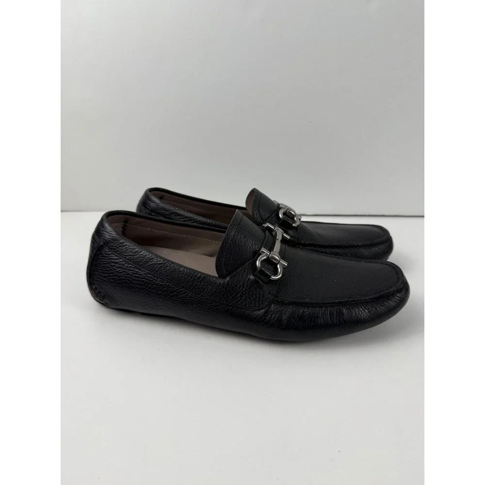 Salvatore Ferragamo Black Pebbled Leather Gancini Bit Driver Loafers Size 8.5 D